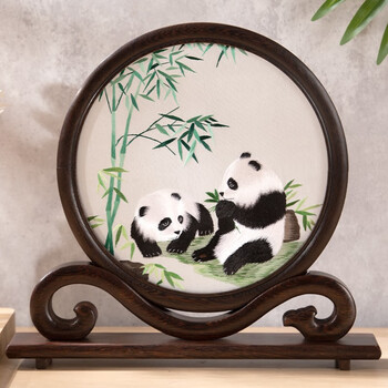 禹域蜀绣双面手工刺绣摆件中国特色礼物送老外四川成都熊猫基地纪念品