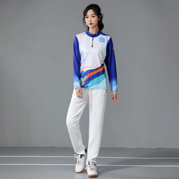 拉链长袖长裤情侣羽毛球服套装网球训练球衣运动服菲乐 女款蓝白套装