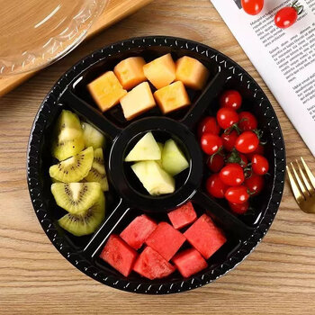 一次性水果盒果盘拼盘打包包装盘果切盒子鲜果切透明 600克双格黑底50