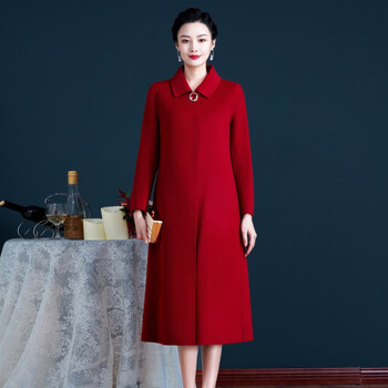 婚宴喜婆婆双面羊绒大衣长款冬季礼服装冬装婚礼妈妈毛呢外套风衣 酒