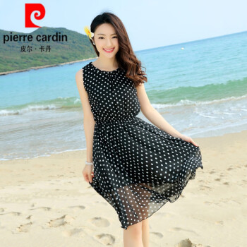 皮尔卡丹（pierre cardin）波西米亚背心裙红色波点无袖雪纺连衣裙夏短款飘逸海边度假沙滩裙 黑色 S 80-90斤