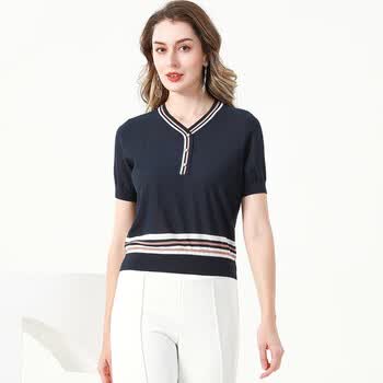 zhodi)2023春季新款女装薄款v领针织短袖上衣宽松型打底法式t恤 深