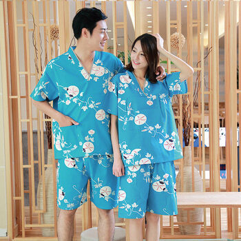 女式汗蒸服 新款男女式酒店桑拿浴服 美容服浴衣 蓝底白荷男 x-q48