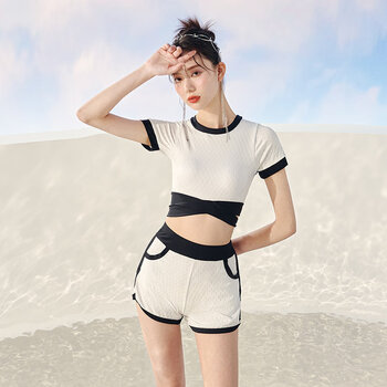 白色保守温泉游泳馆专用分体泳衣女三件套2021学生遮肉显瘦泳装 白色