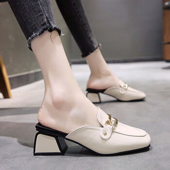 2021夏包头半拖鞋女外穿时尚粗跟中跟凉拖高跟穆勒鞋 米色_标准码现货