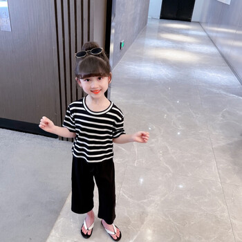 迪凡熊小女孩休闲套装夏季新款条纹短袖女童两件套女宝宝衣服儿童服饰