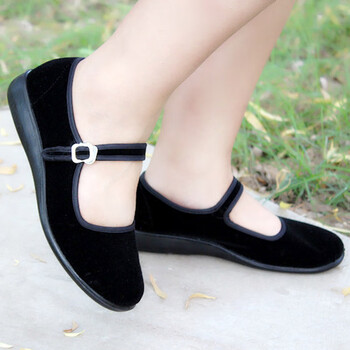 黑色布鞋女工作鞋平跟一带妈妈鞋大码女鞋软底34-4 黑色平绒一带布鞋