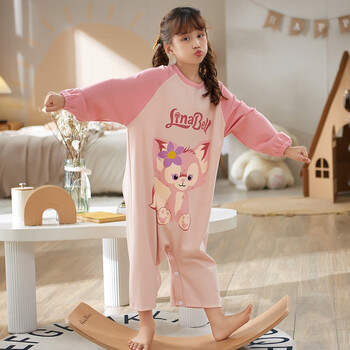 爱芬柔 连体儿童睡衣女纯棉长袖春秋款薄款女童可爱空调服宝宝防踢护