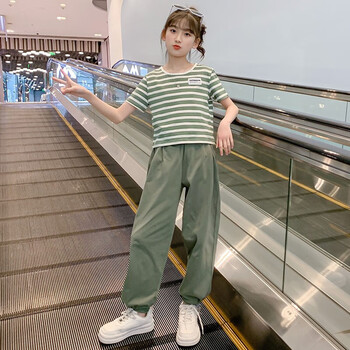 哈熙牛大童女装夏季套装2023新款女孩短袖长裤条纹薄款休闲两件套812