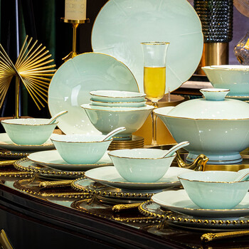 洛威洛威景德镇骨瓷餐具套装釉上彩描金碗碟套装家用w567-3宋青葵口36