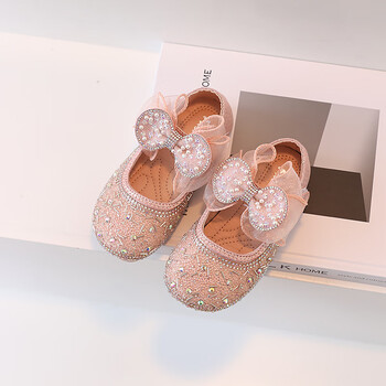 流贝2023春季新款女童蝴蝶结皮鞋小女孩公主鞋儿童水晶豆豆鞋宝宝单鞋