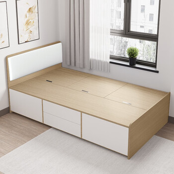 高箱收纳床 小户型榻榻米储物抽屉床 软靠4抽屉款原木色(床箱高40cm)