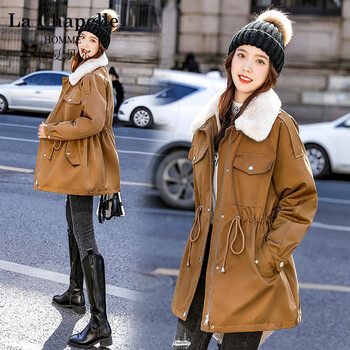 拉夏贝尔homme冬季派克服棉服女中长款小个子加绒加厚宽松收腰工装