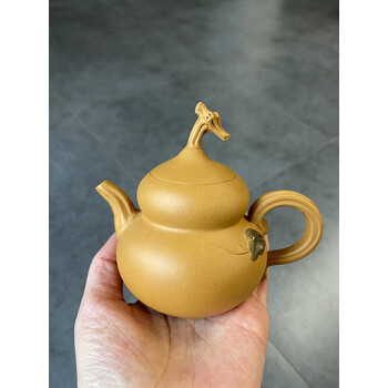 eojq宜兴名家纯全手工紫砂壶原矿黄金段泥贴花葫芦壶中小品茶壶单色款
