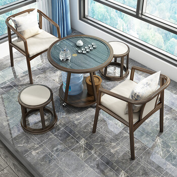 梵师傅茶台家用小茶台圆形茶车现代简约小型移动实木茶桌阳台茶桌椅