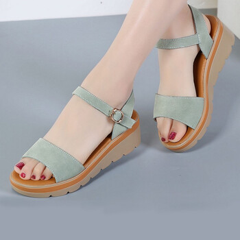 凉鞋女夏运动凉鞋女学生平底女士松糕厚底凉鞋休闲一字带罗马沙绿色35