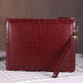 kokb品牌整张鳄鱼皮夹包男士大容量商务皮包手拿手挽酒红色潮流时尚酒