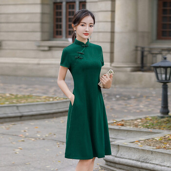 改良旗袍中国风小个子妈妈中长款连衣裙大摆高考式婚宴礼服弹力裙子