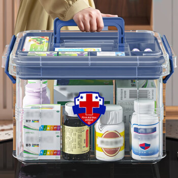 纳鸣多层小药箱家庭装药品收纳盒医药箱家用大容量收纳箱大号药盒 透明蓝-小号
