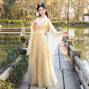 改良汉服女2022新款古装中国风金色交领齐腰襦裙古风舞蹈演出服装 闪