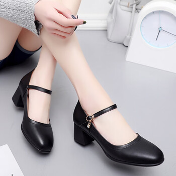 皮鞋女方头浅口一字扣带单鞋2018夏季新品粗跟软底舒适女鞋 黑色 头层