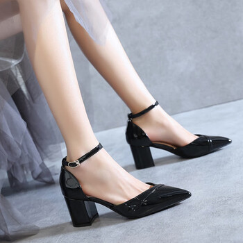 高跟鞋女学生短根皮质包头凉鞋尖头粗跟仙风一字带高跟单鞋 黑色6cm