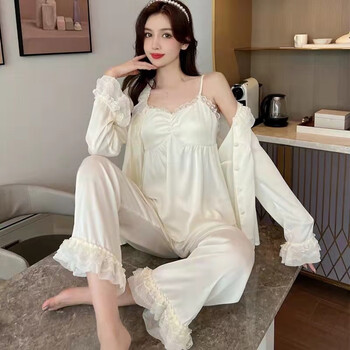 花睡神夏季冰丝睡衣女感2022年新款夏款性感蕾丝花边三件套带胸垫 米