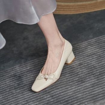 tataxi女鞋法式复古风镂空蝴蝶结粗跟单鞋夏季新款小众仙女鞋米白色36