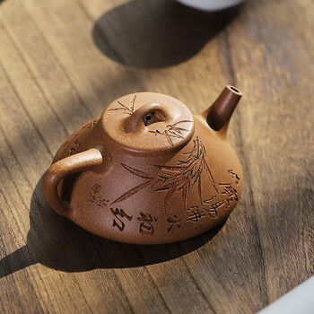 高档国助工聂韬纯手工陶刻竹叶子冶石瓢直播宜兴原矿主人紫砂壶