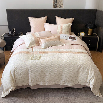 富安娜家纺春夏季200支全棉四件套千鸟格刺绣纯棉被套2022新款床品4lc