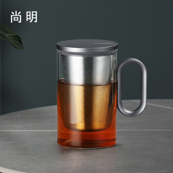 尚明（samaDOYO）铝盖耐热玻璃泡茶杯不锈钢过滤茶杯茶水分离办公室大容量透明茶杯 枪黑色500ML