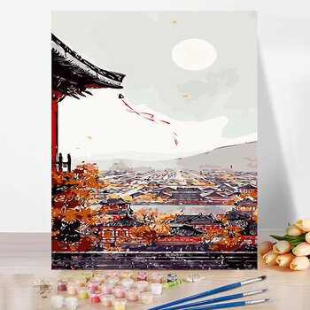 中国风手工手绘画涂色油彩画古风装饰画 北国深秋 diy套装【彩色画板