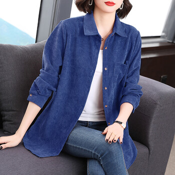 富贵鸟品牌春装女士短外套灯芯绒翻领衬衫薄款外搭长袖上衣中年妈妈