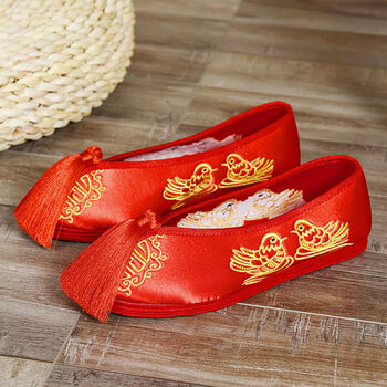 道花途中式婚鞋上轿鞋女士婚礼秀禾鞋平底绣花鞋古风布底红色千层底鞋
