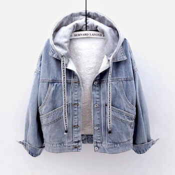 斌豹款牛仔棉衣女短款冬装韩版显瘦加绒加厚外套可拆连帽保暖羊羔图片