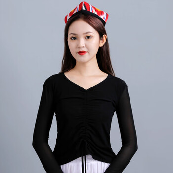 吟芬琦网纱上衣拉丁舞练习女修身新疆舞蹈服黑色红色时尚夏季打底衫舞