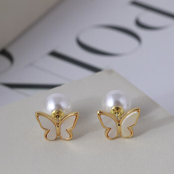 坚银欧美简约时尚贝壳蝴蝶设计珍珠耳堵耳环女耳饰饰品首饰女生金色