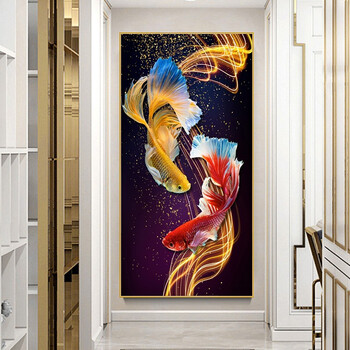 锦鲤入户玄关装饰画挂画走廊过道壁画竖版现代简约金龙鱼背景墙画 d