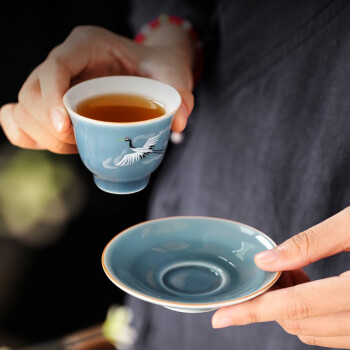 领艺茶杯陶瓷家用单个主人杯日式简约手绘功夫茶具品茗单杯垫杯托 仙鹤杯垫3个装