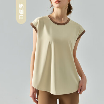 户外跑步运动背心坎肩瑜伽上衣宽松休闲拼色短袖t恤健身服女 奶咖白 m