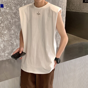 最新款美式垫肩背心男大码四角星无袖短袖恤男背心 白色 m