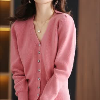 羊毛针织开衫女纯色毛衣外搭秋冬打底衫紧身绒衫小外套mt2113 粉 