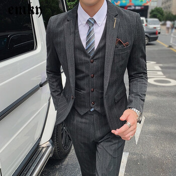 新郎结婚礼服西服套装修身潮流条纹休闲英伦风西装男商务正装个性舒适