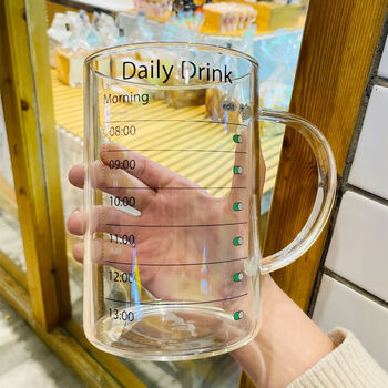 奥丝达玻璃杯大容量用带把喝水杯子时间刻度带盖透明茶杯水杯闹钟喝水
