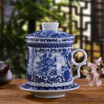 奥尔瑞美景德镇陶瓷茶杯青花瓷办公茶杯四件套带过滤泡茶杯家用会议