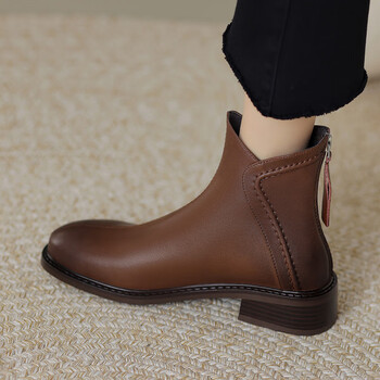 qitata他她短靴女春秋单靴气质法式小裸靴及裸靴真皮粗跟切尔西靴短靴