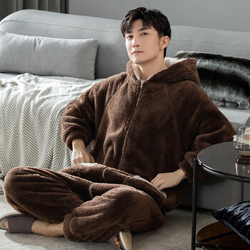 伊歌华连体睡衣男冬加厚加绒可外穿冬天珊瑚绒拉链一体冬款法兰绒全身