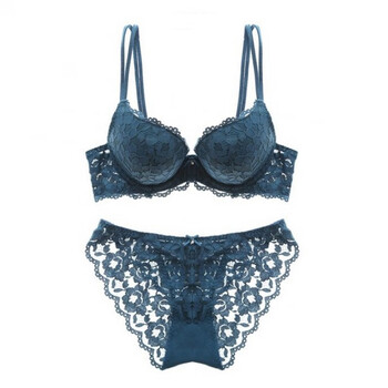 hkmr维多性感利亚蕾丝内衣女小胸聚拢加厚调整型文胸套装夏季孔雀蓝