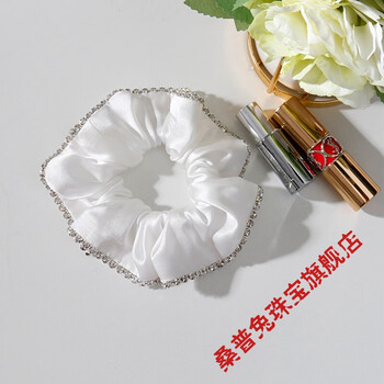 2021新款华丽水晶钻真丝发圈头花发饰马尾圈发绳桑蚕丝夏白色