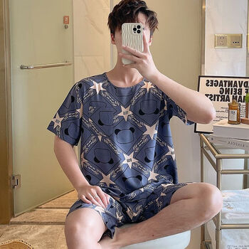 婉芹人造棉绸睡衣男士夏季绵绸薄款短袖短裤夏天套装宽松套头家居服男
